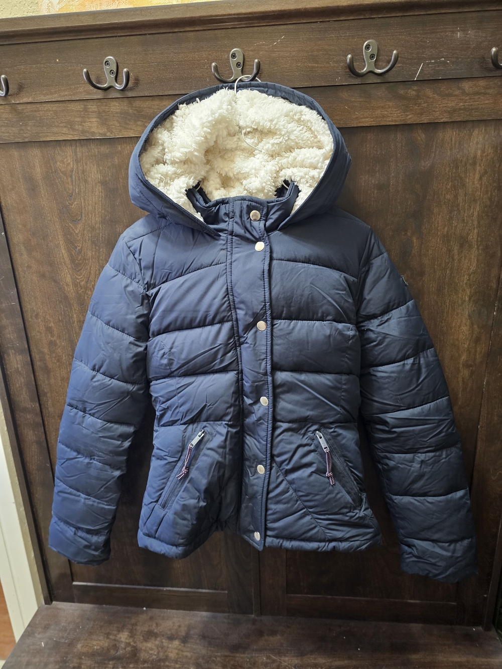 Y2k Hollister Navy Blue Puffer Jacket with Cream Sherpa Lining